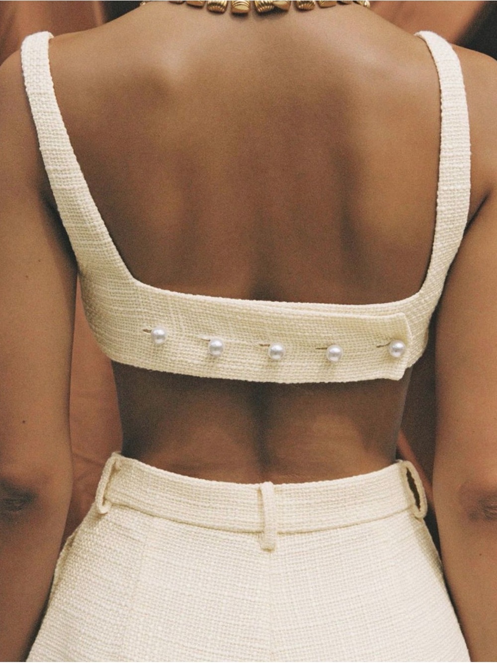 Commense Cream Pearl-Button Crop Top